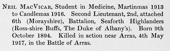 MacVicar  2nd Lt 6th Seaforth Highlanders Obit St Andrews University Roll Of Honour