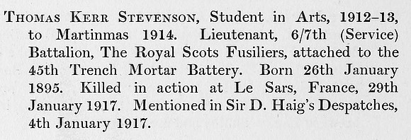 Stevenson T K Lt 7th Royal Scots Fusiliers Obit St Andrews University Roll Of Honour