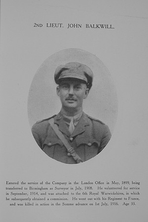 Balkwill J 2nd Lt 6th Royal Warwickshire Regiment Northern Assurance Co War Record