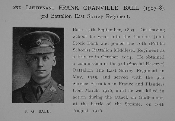 Ball F G 2nd Lt 3rd East Surrey Regiment Obit Dulwich College Roll Of Honour