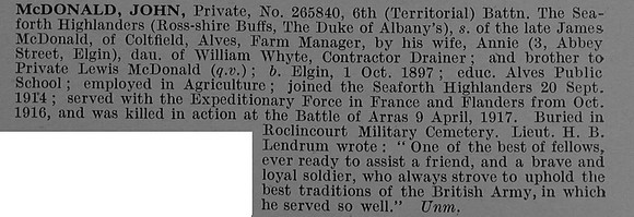 McDonald J Pte 265840 6th Seaforth Highlanders Obit De Ruvignys Roll Of Honour Vol 4