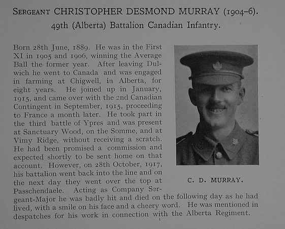 Murray C D Sergt 436620 49th Canadian Infantry (Alberta Regiment) Obit Dulwich College Roll Of Honour