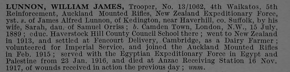 Lunnon W J Tpr 13/1062 Auckland Mounted Rifles, N.Z.E.F. Obit De Ruvignys Roll Of Honour Vol 4