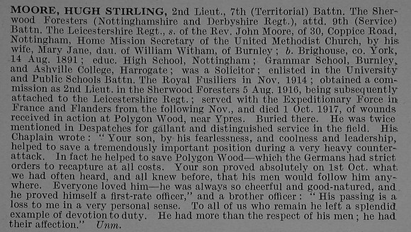 Moore H S 2nd Lt 7th Notts & Derby Regiment (Sherwood Foresters) Obit De Ruvignys Roll Of Honour Vol 4