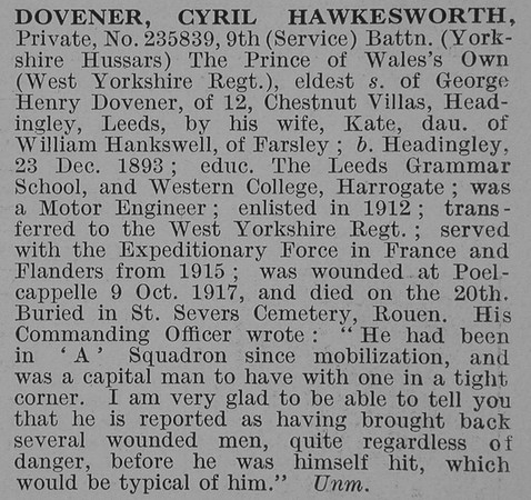 Dovener C H Pte 9th West Yorkshire Regiment Obit De Ruvignys Roll Of Honour Vol 3