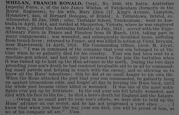 Whelan F R Cpl 3960 8th Australian Imperial Force Obit De Ruvignys Roll Of Honour Vol 4