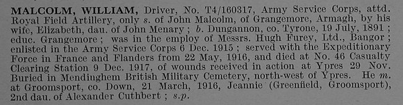 Malcolm W Dvr T4/160317 Army Service Corps Attd Royal Field Artillery Obit De Ruvignys Roll Of Honour Vol 4