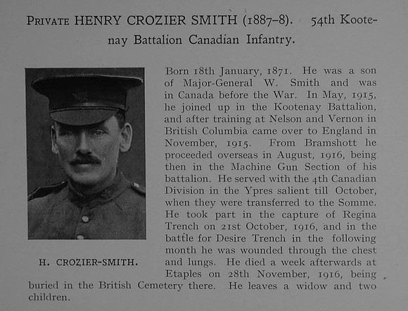 Crozier-Smith H Pte 442483 54th Attd 5th Canadian Infantry (Saskatchewan Regiment) Obit Dulwich College Roll Of Honour