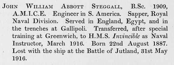 Steggall J W A Naval Instructor HMS Invincible Royal Navy Obit St Andrews University Roll Of Honour