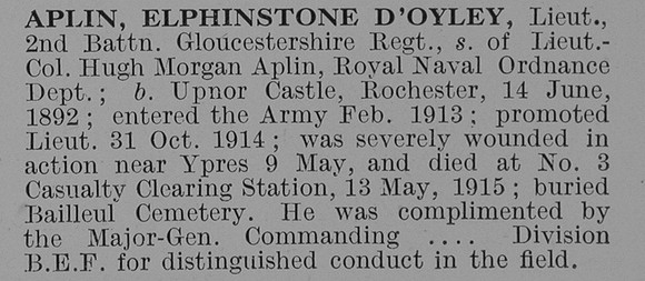 Aplin E D Lt 2nd Gloucestershire Regiment Obit