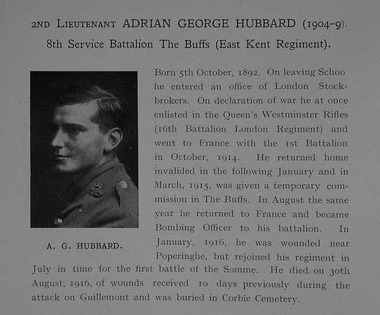 Hubbard A G 2nd Lt 8th East Kent Regiment Obit Dulwich College Roll Of Honour