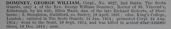 Dominey G W Cpl 8827 2nd Scots Guards Obit