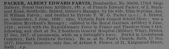 Packer A E F Bmdr 95639 Royal Garriison Artillery Obit De Ruvignys Roll Of Honour Vol 4