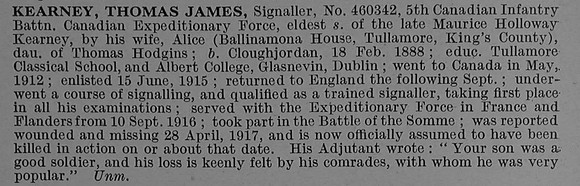 Kearney T J Sig 460342 5th Canadian Infantry (Saskatchewan Regiment) Obit De Ruvignys Roll Of Honour Vol 4
