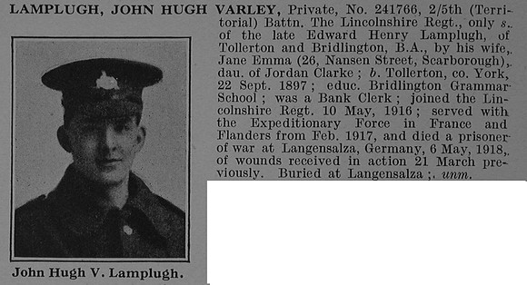 Lamplugh J H V Pte 241766 5th Lincolnshire Regiment Obit De Ruvignys Roll Of Honour Vol 4