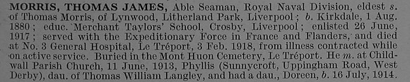 Morris T J AB R/4184 Hawke Bn. R.N. Div. Royal Naval Volunteer Reserve Obit De Ruvignys Roll Of Honour Vol 4