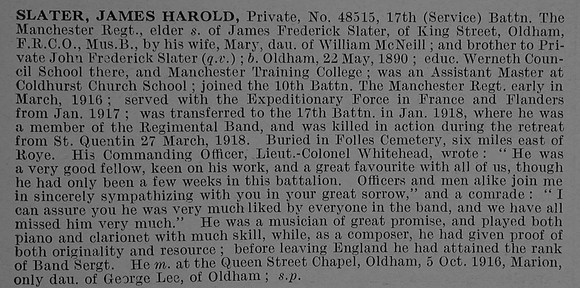 Slater J H Pte 48515 17th Manchester Regiment Obit De Ruvignys Roll Of Honour Vol 4