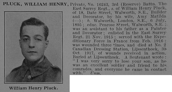 Pluck W H Pte 16243 3rd Attd 1st East Surrey Regiment Obit De Ruvignys Roll Of Honour Vol 5