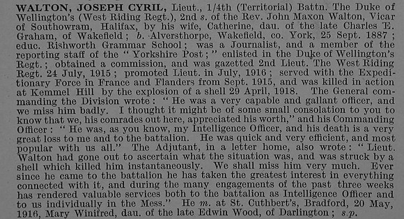Walton J C Lt 4th West Riding Regiment Obit De Ruvignys Roll Of Honour Vol 4