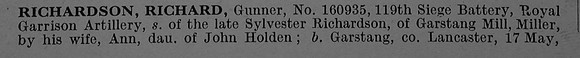 Richardson R Gnr 160935 Royal Garrison Artillery Obit Part 1 De Ruvignys Roll Of Honour Vol 4