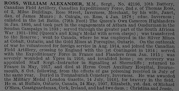 Ross W A Sergt MM Sergt 42196 Canadian Field Artillery Obit De Ruvignys Roll Of Honour Vol 4