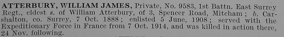 Atterbury W J Pte 9583 1st East Surrey Regiment Obit