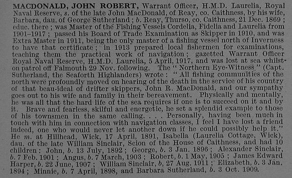 MacDonald J R Skipper H.M. Drifter Laurella Royal Naval Reserve Obit De Ruvignys Roll Of Honour Vol 4