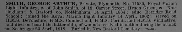 Smith G A Pte PLY-11530 4th R.M. Bn. H.M.S. Vindictive Royal Marine Light Infantry Short Obit De Ruvignys Roll Of Honour Vol 4