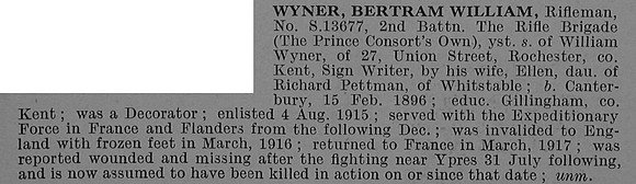 Wyner B W Rfn S/13677 2nd Rifle Brigade Obit De Ruvignys Roll Of Honour Vol 4