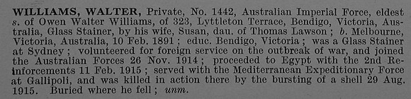 Williams W Pte 1442 2nd Australian Infantry, A.I.F. Obit De Ruvignys Roll Of Honour Vol 4