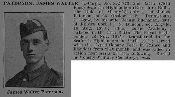 Paterson J W L/Cpl S/21773 2nd Seaforth Highlanders Obit De Ruvignys Roll Of Honour Vol 4