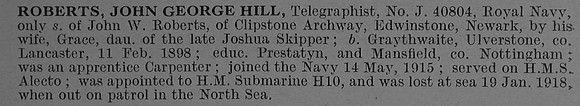 Roberts J G H Telegraphist J-40804 H.M. SM H10 Royal Navy Short Obit De Ruvignys Roll Of Honour Vol 4