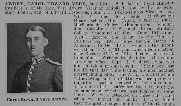 Awdry C E V 2nd Lt 2nd Royal Munster Fusiliers Obit Part 1