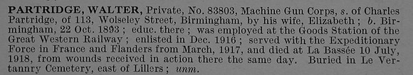 Partridge W Pte 83803 Machine Gun Corps Obit De Ruvignys Roll Of Honour Vol 4