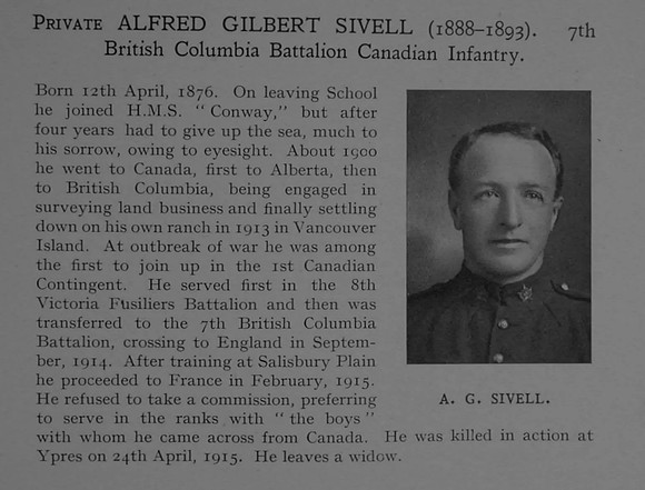 Sivell A G Pte 16936 7th Canadian Infantry (British Columbia Regiment) Obit Dulwich College Roll Of Honour