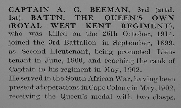 Beeman A C Captain 1st Royal West Kent Regiment Obit Part 1 The Bond Of Sacrifice Vol 1