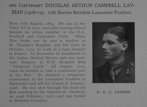 Layman D A C 2nd Lt 17th Lancashire Fusiliers Obit Dulwich College Roll Of Honour