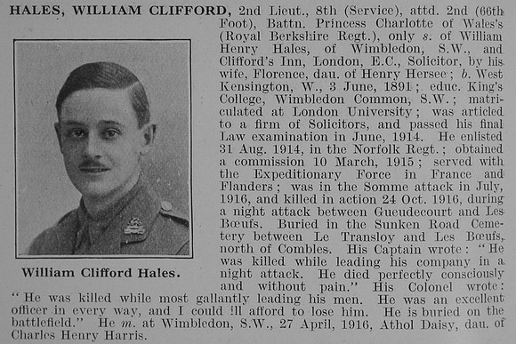 Hales W C 2nd Lt 8th attd 2nd Royal Berkshire Regiment Obit De Ruvignys Roll Of Honour Vol 3