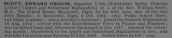 Scott E G Sig 350659 7th Argyll and Sutherland Highlanders Obit De Ruvignys Roll Of Honour Vol 4