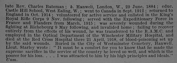 Bateman W R Staff Sergt 82622 Royal Army Medical Corps Obit Part 2 De Ruvignys Roll Of Honour Vol 4
