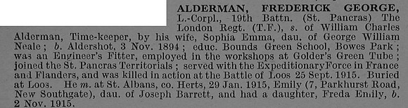 Alderman F G L/Cpl 19th London Regiment Obit De Ruvignys Roll Of Honour Vol 4