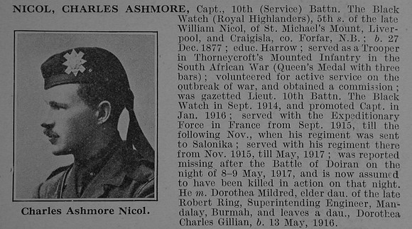 Nicol C A Captain 10th Black Watch Obit De Ruvignys Roll Of Honour Vol 4