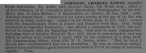 Johnson C E Sig 27950 18th Welsh Regiment Obit De Ruvignys Roll Of Honour Vol 4