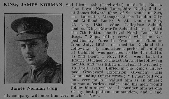 King J N 2nd Lt 4th Attd 1st Loyal North Lancs Regiment Obit De Ruvignys Roll Of Honour Vol 4