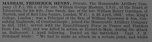 Masham F H Pte 9469 2nd Honourable Artillery Company Obit Part 1 De Ruvignys Roll Of Honour Vol 4