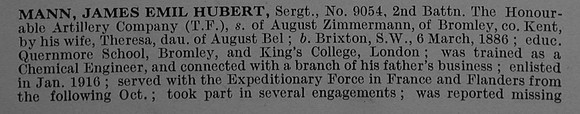 Mann J E H Sergt 9054 2nd Honourable Artillery Company Obit Part 1 De Ruvignys Roll Of Honour Vol 4