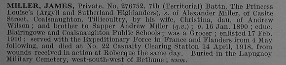 Miller J Pte 276752 7th Argyll & Sutherland Highlanders Obit De Ruvignys Roll Of Honour Vol 4