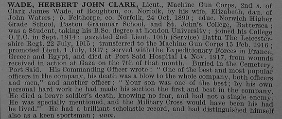 Wade H J C Lt Machine Gun Corps Obit De Ruvignys Roll Of Honour Vol 4