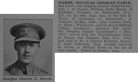 Marsh D C E 2nd Lt 6th Dragoon Guards (Carabiniers) Obit De Ruvignys Roll Of Honour Vol 4