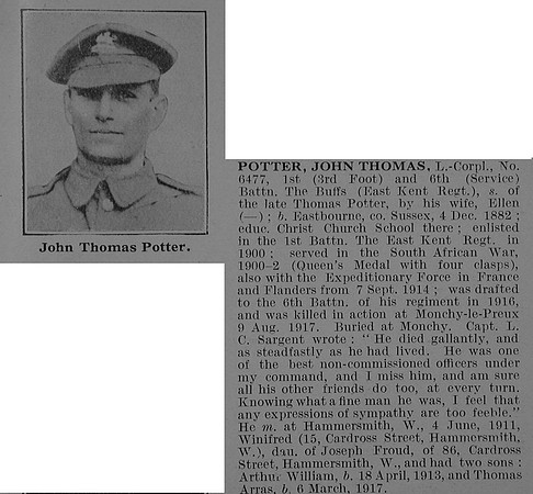 Potter J T LCpl 6477 6th East Kent Regiment Obit De Ruvignys Roll Of Honour Vol 5